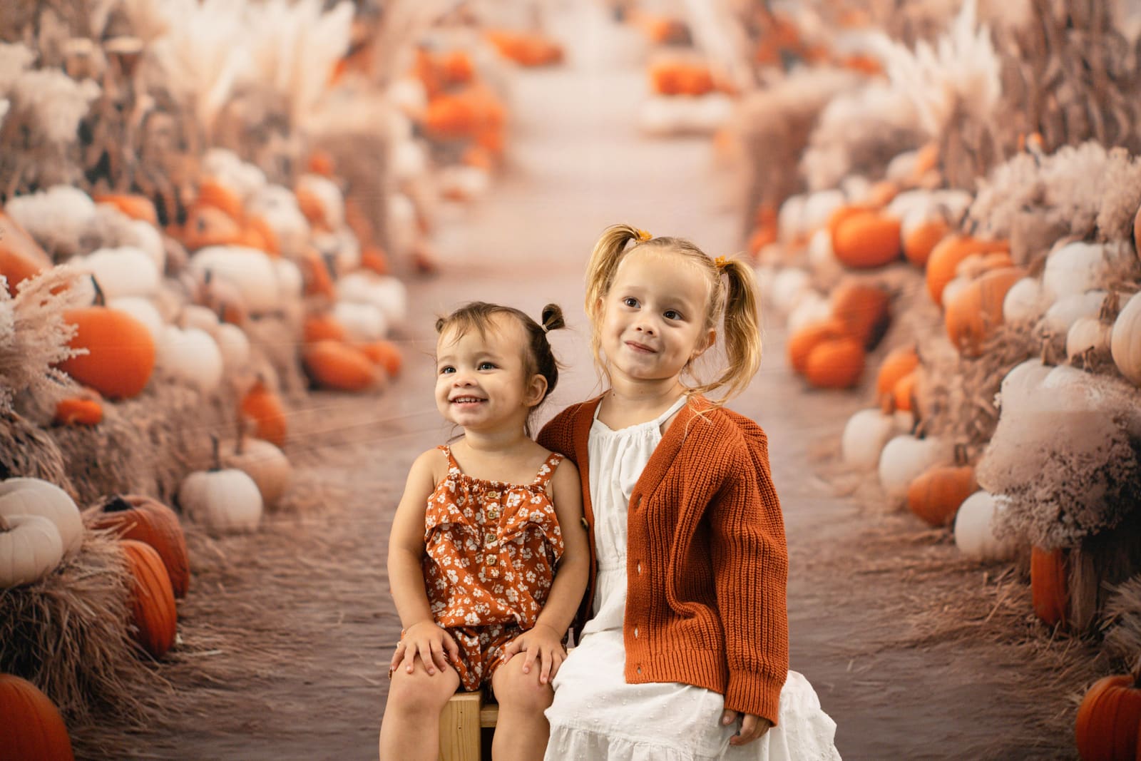Two little sisters sitting together on a wooden crate surrounded by pumpkins.